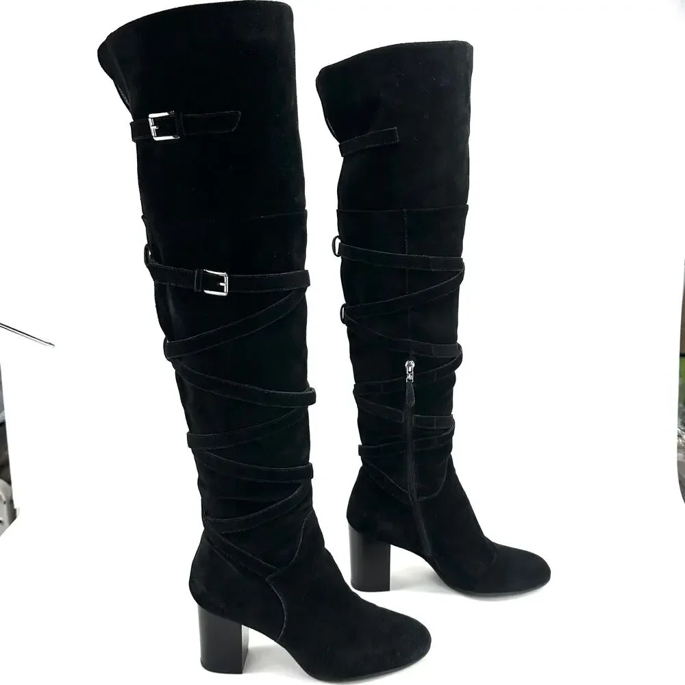 Sam Edelman Sable Black Over-The-Knee Boot Sz 9.5 Suede Heeled Adjustable Straps